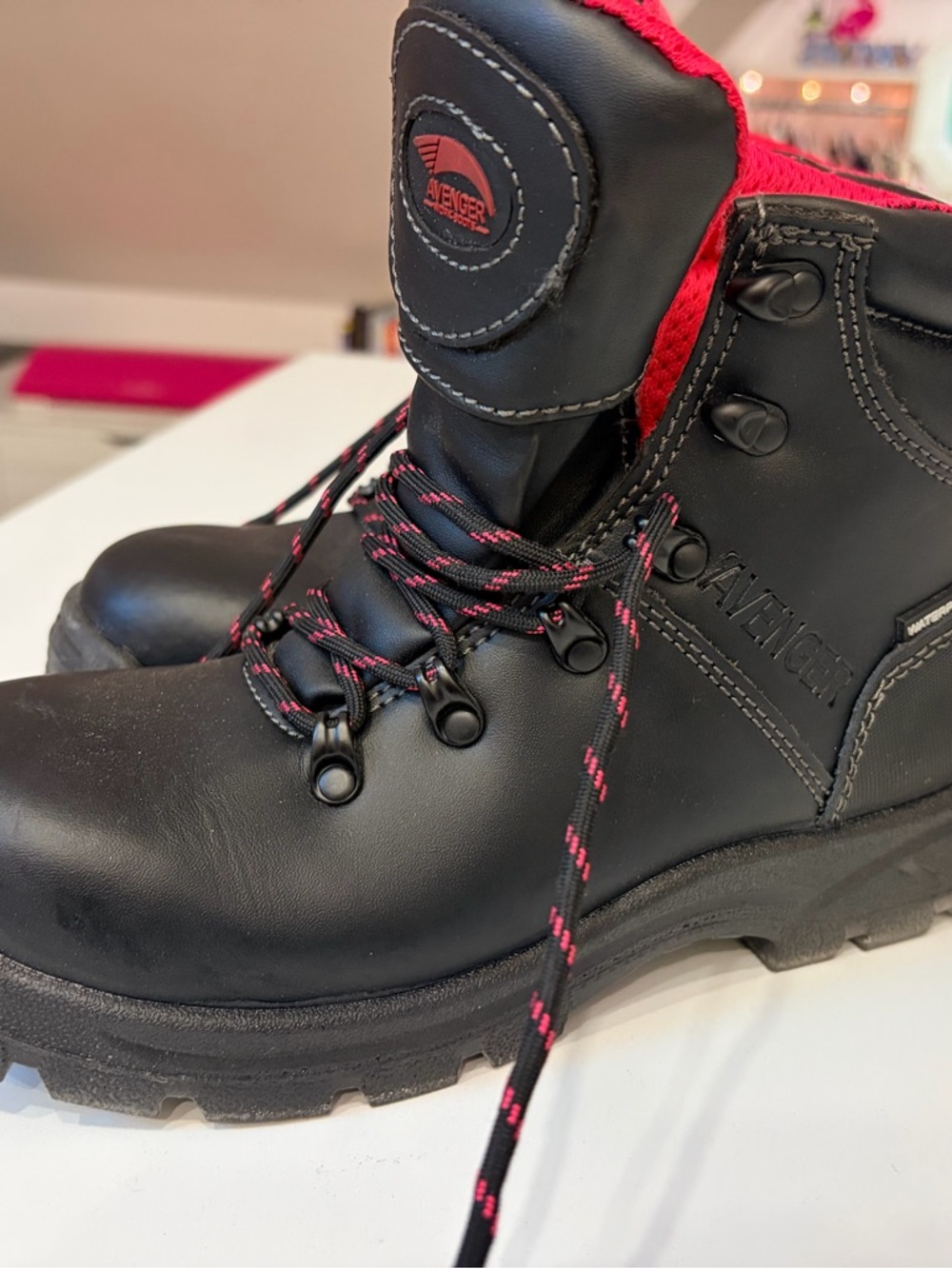 Avenger Black Steel Toe Safety Boots with pink Accents